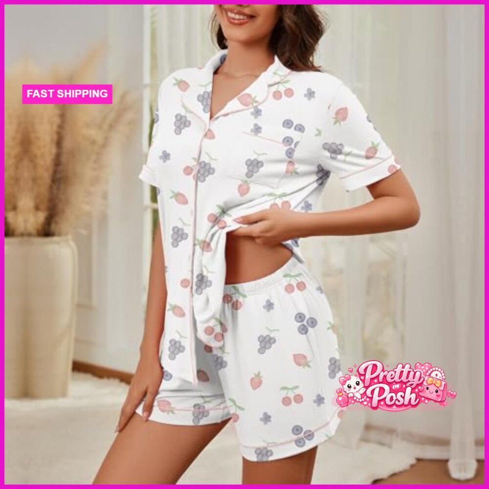 Polyester Elastane Button Down Pajama Set With Sh… - image 5